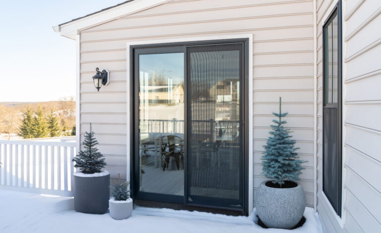 Sleek black sliding patio door framed by a winter landscape. Click to explore our patio door collections.