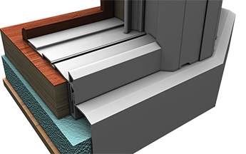 Close-up of a weeped sill pan system with a sloped sill, designed for optimal water management and protection against water penetration and condensation.